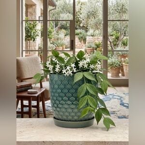 Turquoise Geometric Ceramic Planter with Attached Saucer - 8" Round Blue Pattern